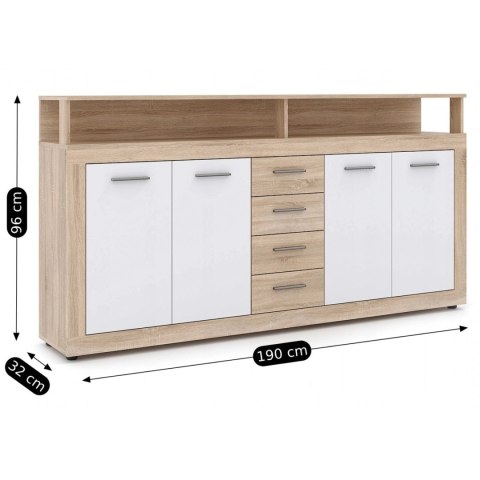Komoda Czterodrzwiowa z Szufladami BLAGO 190 cm Dąb Sonoma/Biała Nowoczesna