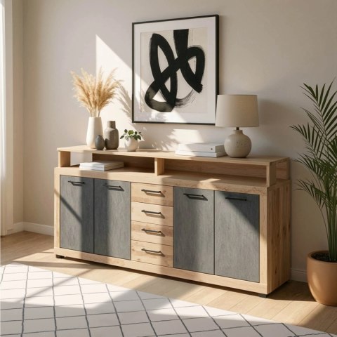 Komoda Czterodrzwiowa BLAGO 190 cm Surowy Dąb/Czarny Loft