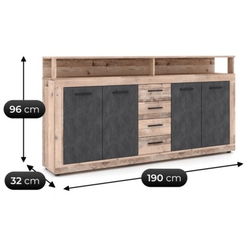 Komoda Czterodrzwiowa BLAGO 190 cm Surowy Dąb/Czarny Loft