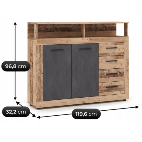 Komoda Dwudrzwiowa z Szufladami BLAGO MIDI A 119,6 cm Surowy Dąb/Czarny Loft