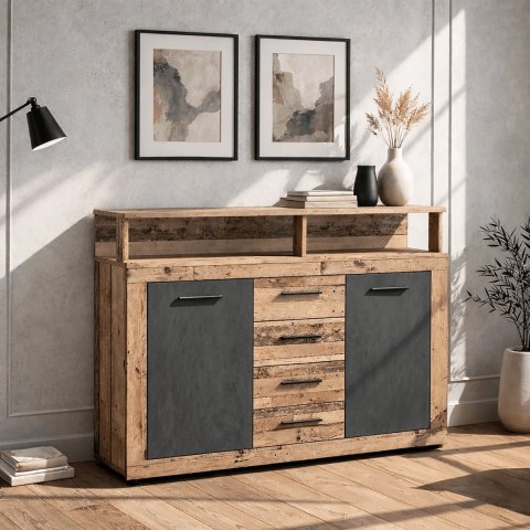 Komoda Dwudrzwiowa z Szufladami BLAGO MIDI B 119,5 cm Surowy Dąb/Grafit Loft