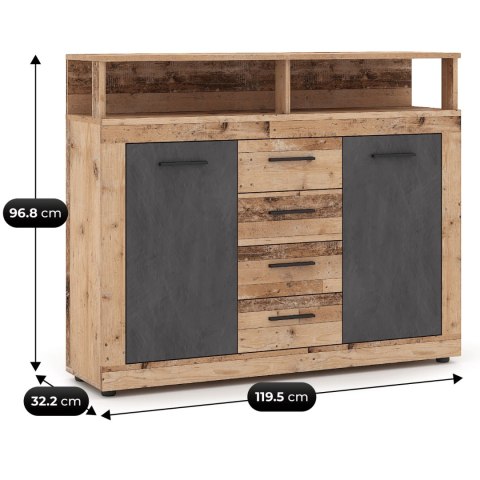 Komoda Dwudrzwiowa z Szufladami BLAGO MIDI B 119,5 cm Surowy Dąb/Grafit Loft