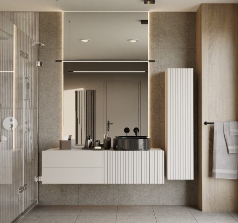 SZAFKA ŁAZIENKOWA WISZĄCA SŁUPEK REGAŁ TIGO 1D KASZMIR RYFLOWANY FRONT