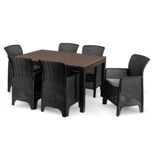 Zestaw Mebli Ogrodowych Stół ARGOS 140-180 cm Orzech i 6 Foteli FRESNO Czarnych