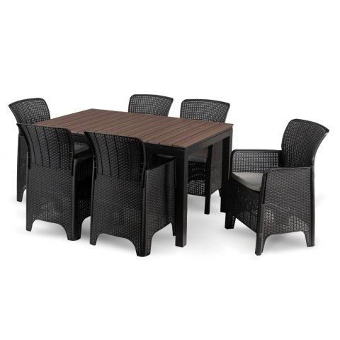 Zestaw Mebli Ogrodowych Stół ARGOS 140-180 cm Orzech i 6 Foteli FRESNO Czarnych