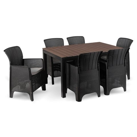 Zestaw Mebli Ogrodowych Stół ARGOS 140-180 cm Orzech i 6 Foteli FRESNO Czarnych
