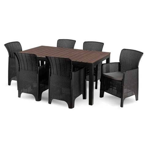 Zestaw Mebli Ogrodowych Stół ARGOS 160-260 cm Orzech i 6 Foteli FRESNO Czarnych