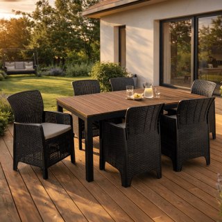 Zestaw Mebli Ogrodowych Stół ARGOS 160-260 cm Orzech i 6 Foteli FRESNO Czarnych