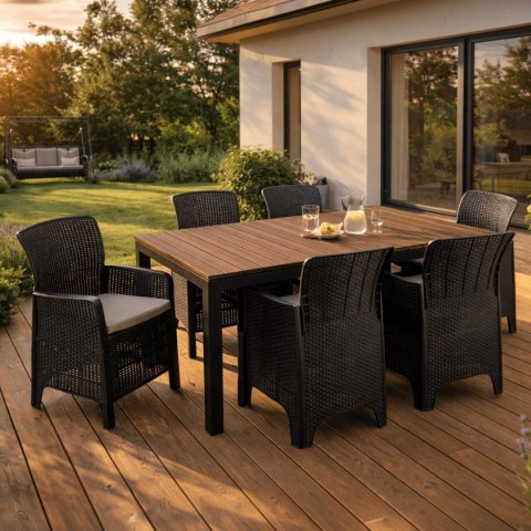 Zestaw Mebli Ogrodowych Stół ARGOS 160-260 cm Orzech i 6 Foteli FRESNO Czarnych