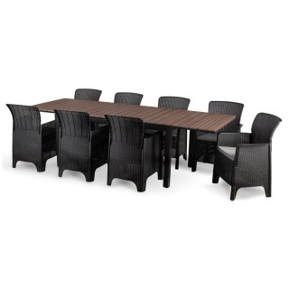Zestaw Mebli Ogrodowych Stół ARGOS 160-260 cm Orzech i 8 Foteli FRESNO Czarnych