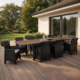 Zestaw Mebli Ogrodowych Stół ARGOS 160-260 cm Orzech i 8 Foteli FRESNO Czarnych