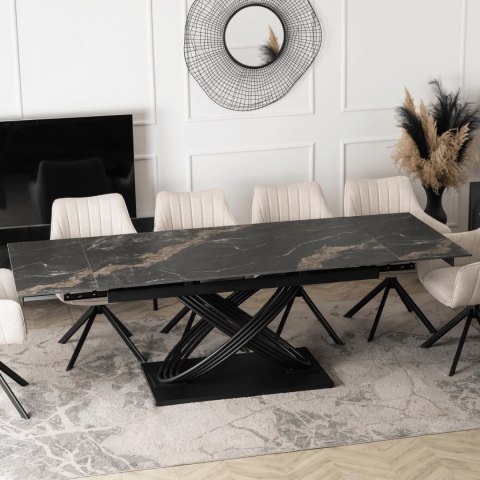 Zestaw Stół IBIZA 160-240 cm Czarny Marmur/Czarny i 4 Krzesła MUMBAI Kremowe