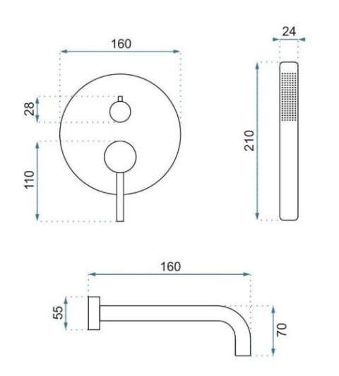 BATERIA WANNOWA PODTYNKOWA LUNGO MIEDŹ SZCZO + BOX