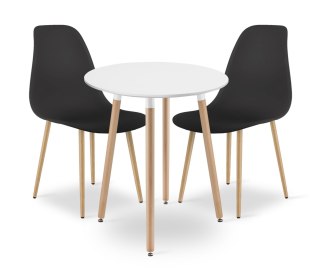 Zestaw Stół KAMI Okrągły 60cm - biały / naturalne nogi + 2 krzesła WAT czarne / nogi naturalne