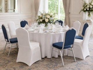 King Home Zestaw krzesło bankietowe ARES niebieske + pokrowiec WEDING biały