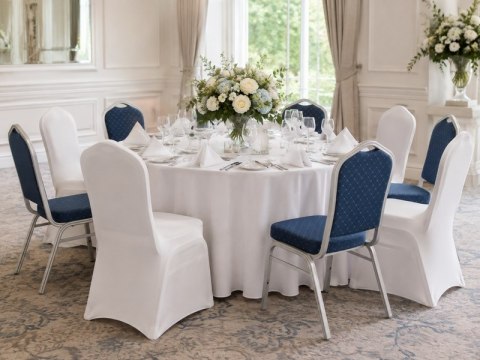 King Home Zestaw krzesło bankietowe ARES niebieske + pokrowiec WEDING biały