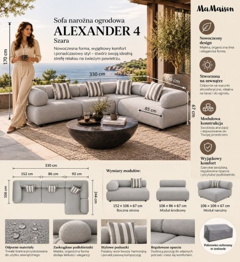 MaMaison MaMaison sofa narożna ogrodowa ALEXANDER 4 szara (poduszki i pokrowiec w zestawie)