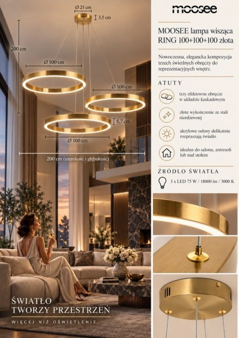 Moosee MOOSEE lampa wisząca RING 100 + 100 + 100 złota na jednej podsufitce