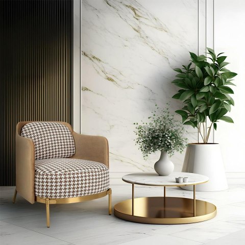 King Home Fotel VENICE tkanina pepitka biało-brązowa - złota podstawa