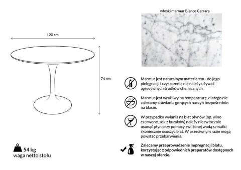Stół TULIP MARBLE 120 CARRARA biały - marmur, metal