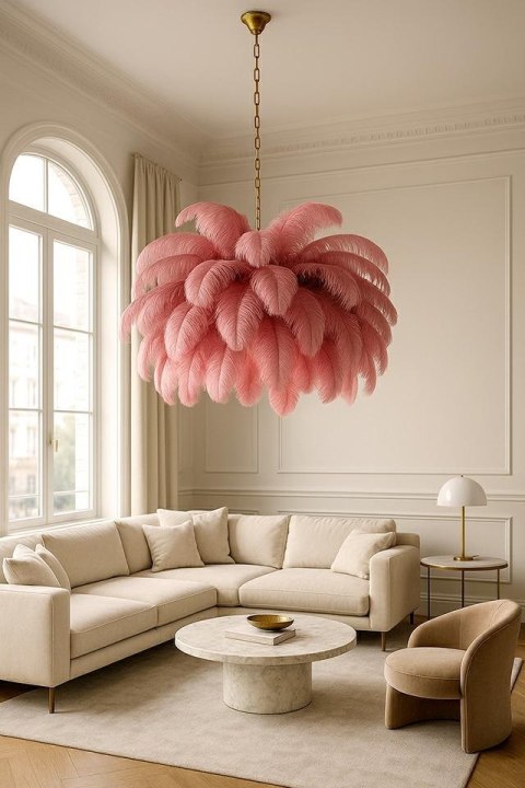 MOOSEE lampa wisząca TIFFANY 135 różowa mosiądz / naturalne pióra