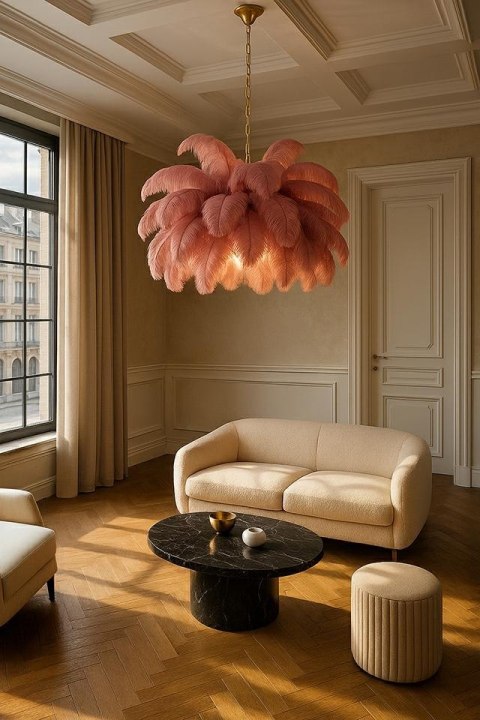 MOOSEE lampa wisząca TIFFANY 135 różowa mosiądz / naturalne pióra