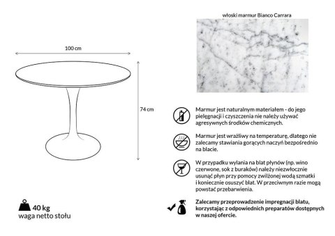 Stół TULIP MARBLE 100 CARRARA biały - marmur, metal