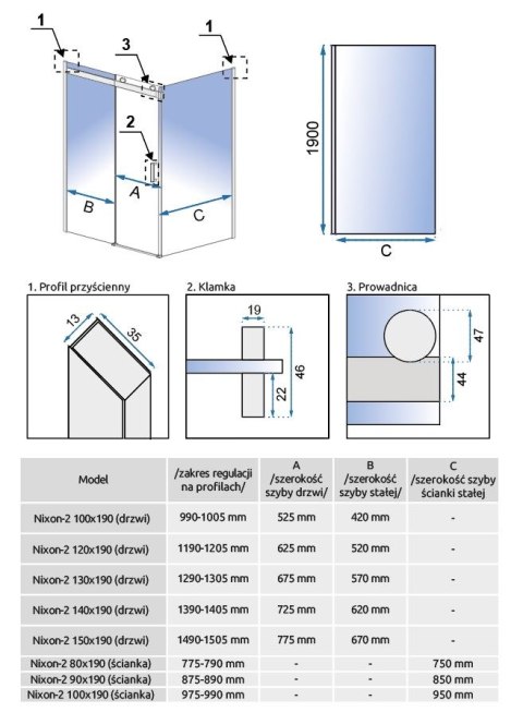 ŚCIANKA DO KABINY NIXON-2 CHROM 90