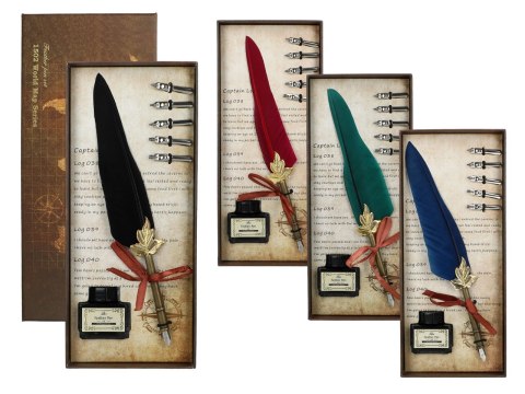 Zestaw piśmienniczy - Pióro z wymiennymi stalówkami i atramentem (mix 4 kolorów)