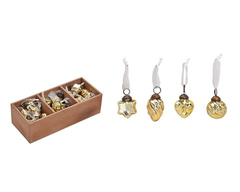 Kpl. 36 złotych bombek choinkowych w drewnianym pudełku 25x5x9cm