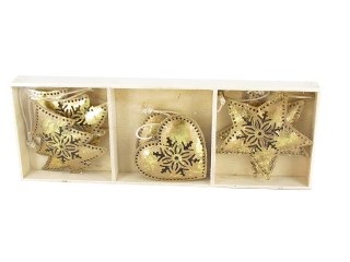 Złote ozdoby choinkowe w drewnianym pudełeczku (metaloplastyka)