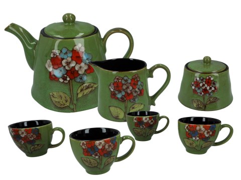 Serwis - czajnik i 4 filiżanki ze spodkami oraz mlecznik i cukiernica