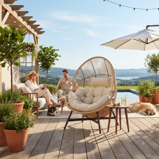 Fotel HOLAND Ogrodowy z Poduszką Rattanowy Stalowy 142 cm BEŻOWY