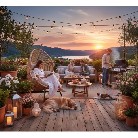 Fotel HOLAND Ogrodowy z Poduszką Rattanowy Stalowy 142 cm BEŻOWY