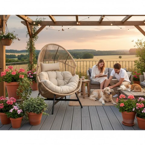 Fotel HOLAND Ogrodowy z Poduszką Rattanowy Stalowy 142 cm BEŻOWY