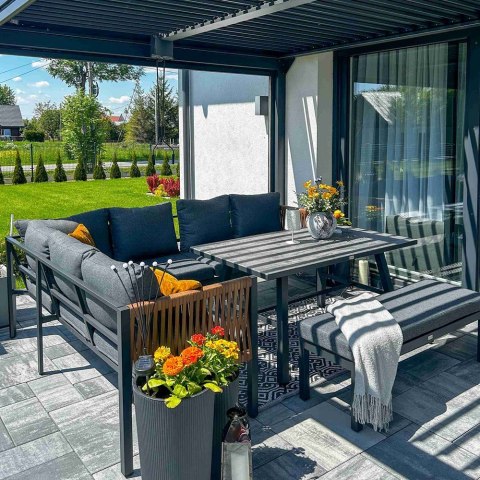 Zestaw Mebli Ogrodowych Jadalnianych TEXAS Narożny dla 6 Osób Sofa Stół Ławka SZARY