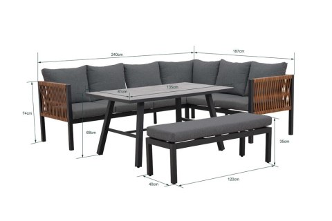 Zestaw Mebli Ogrodowych Jadalnianych TEXAS Narożny dla 6 Osób Sofa Stół Ławka SZARY